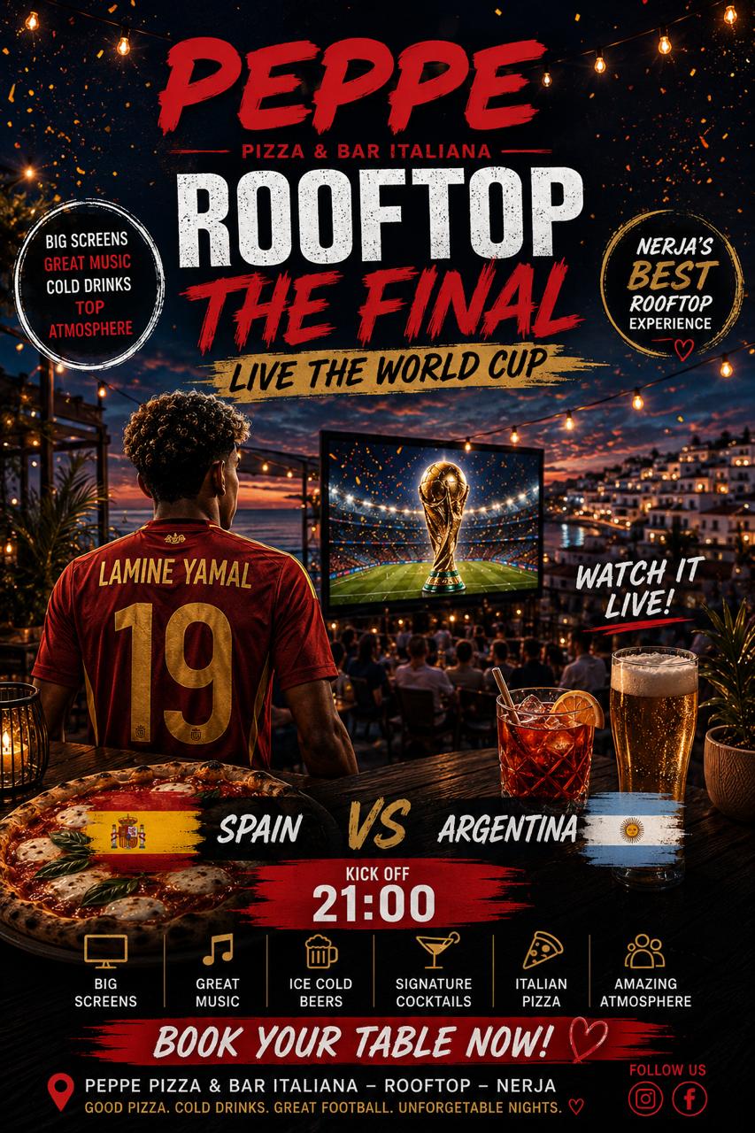 Cartel de la final del Mundial 2026 en el rooftop de Peppe Pizza Nerja: España vs Argentina, domingo 19 de julio a las 21:00, con pantalla gigante y vistas al mar