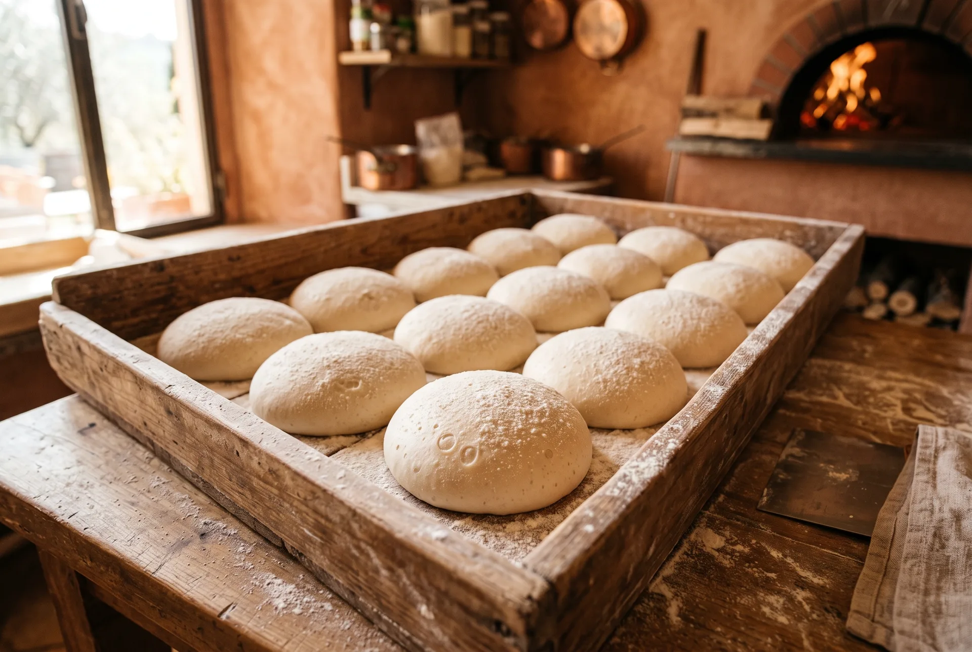 Bolas de masa madre fermentando en caja de madera en el obrador de Peppe Pizza, Nerja