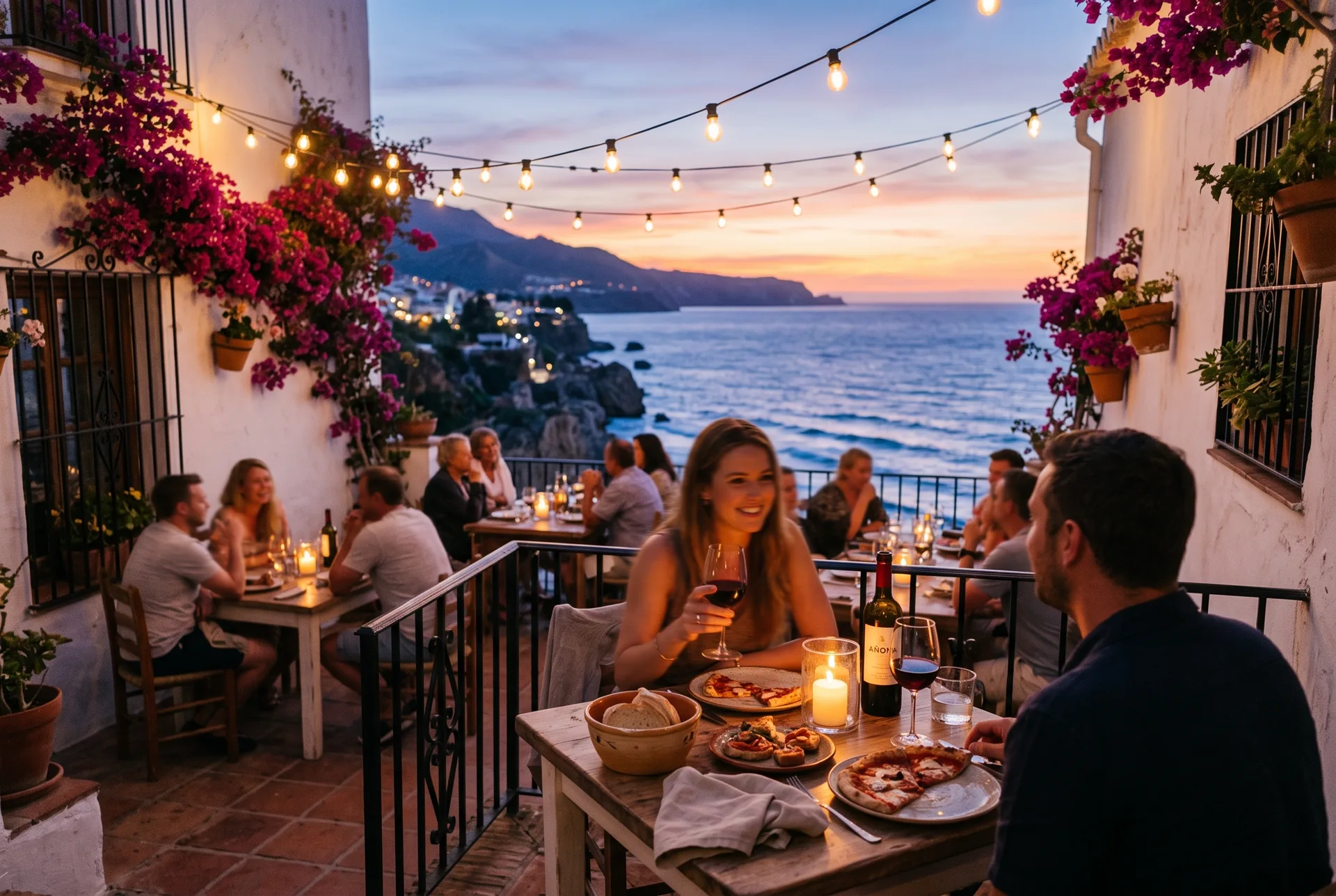 Terraza de Peppe Pizza al atardecer con vistas al mar en Nerja